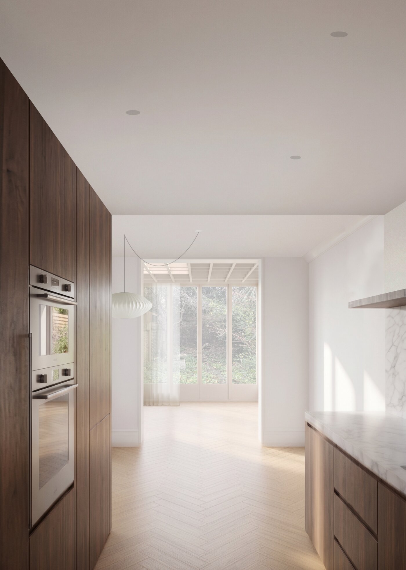 Indicative CGI of the walnut kitchen looking through to the rear extension