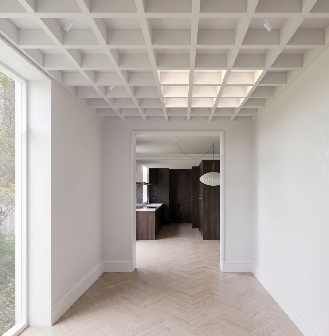 Indicative CGI of the rear extension with its coffered ceiling, looking back to the kitchen